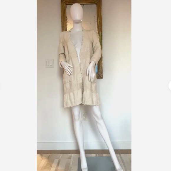 Zara Outerwear Jacket Cardigan Twill Small Cream Frayed Edges Boho - Picture 2 of 5